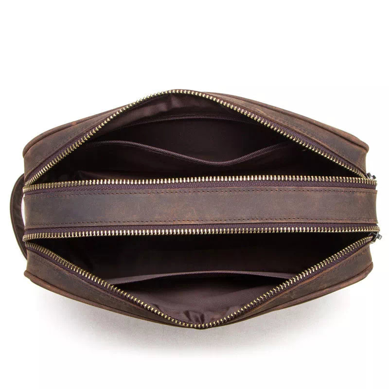 Double zip Crazy Horse leather toiletry bag for men