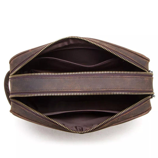 Double zip Crazy Horse leather toiletry bag for men