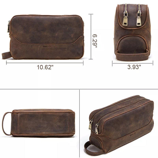 Fashionable men's Crazy Horse leather grooming kit with double zips