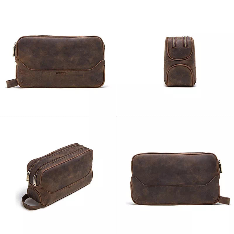 Men's grooming bag in brown Crazy Horse leather with double zip closure