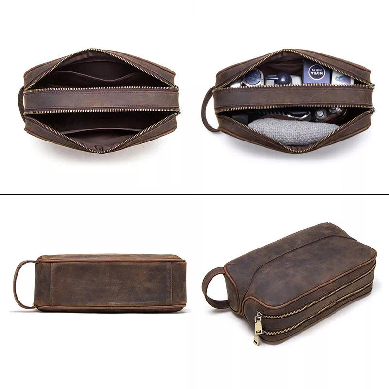 Double compartment Crazy Horse leather toiletry bag for men