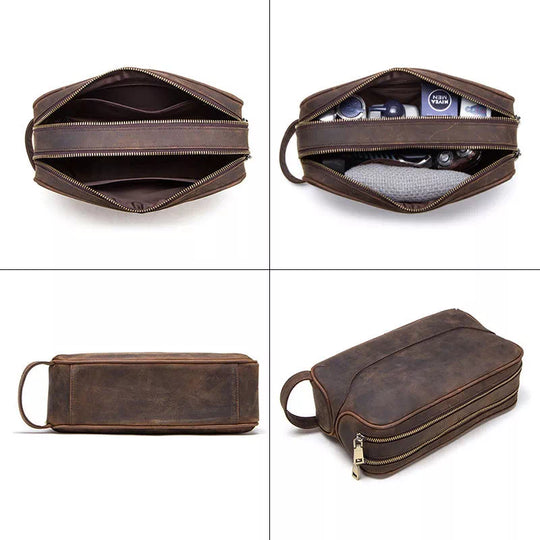 Double compartment Crazy Horse leather toiletry bag for men