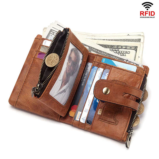 Men's Leather Bi-Fold Wallet RFID Blocking - Leather Purse Backpack