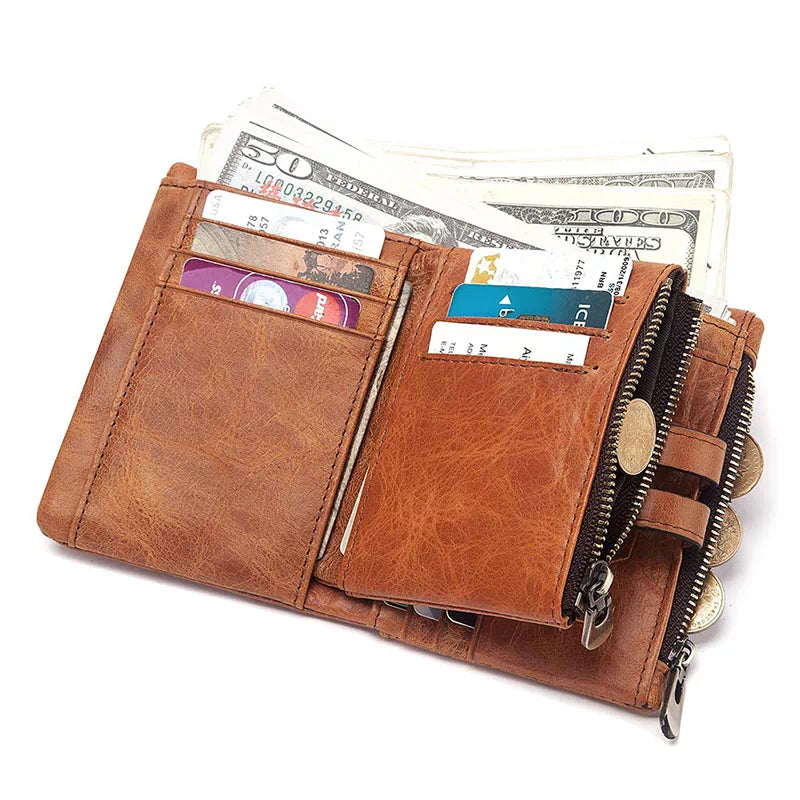 Men's Leather Bi-Fold Wallet RFID Blocking - Leather Purse Backpack