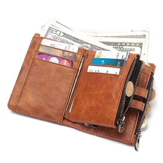 Men's Leather Bi-Fold Wallet RFID Blocking - Leather Purse Backpack