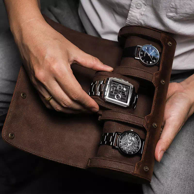 Sleek watch roll case crafted from leather