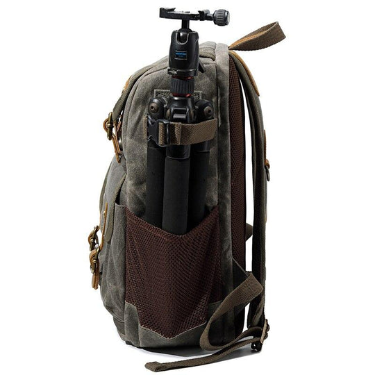 Durable Canvas Camera Bag with Padded Compartments - Leather Purse Backpack