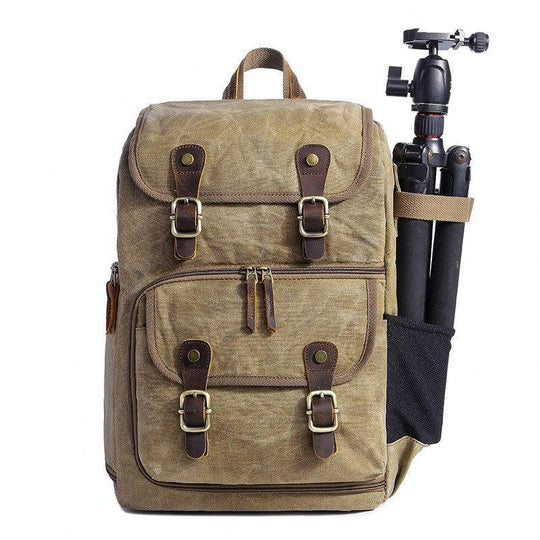 Durable Canvas Camera Bag with Padded Compartments - Leather Purse Backpack