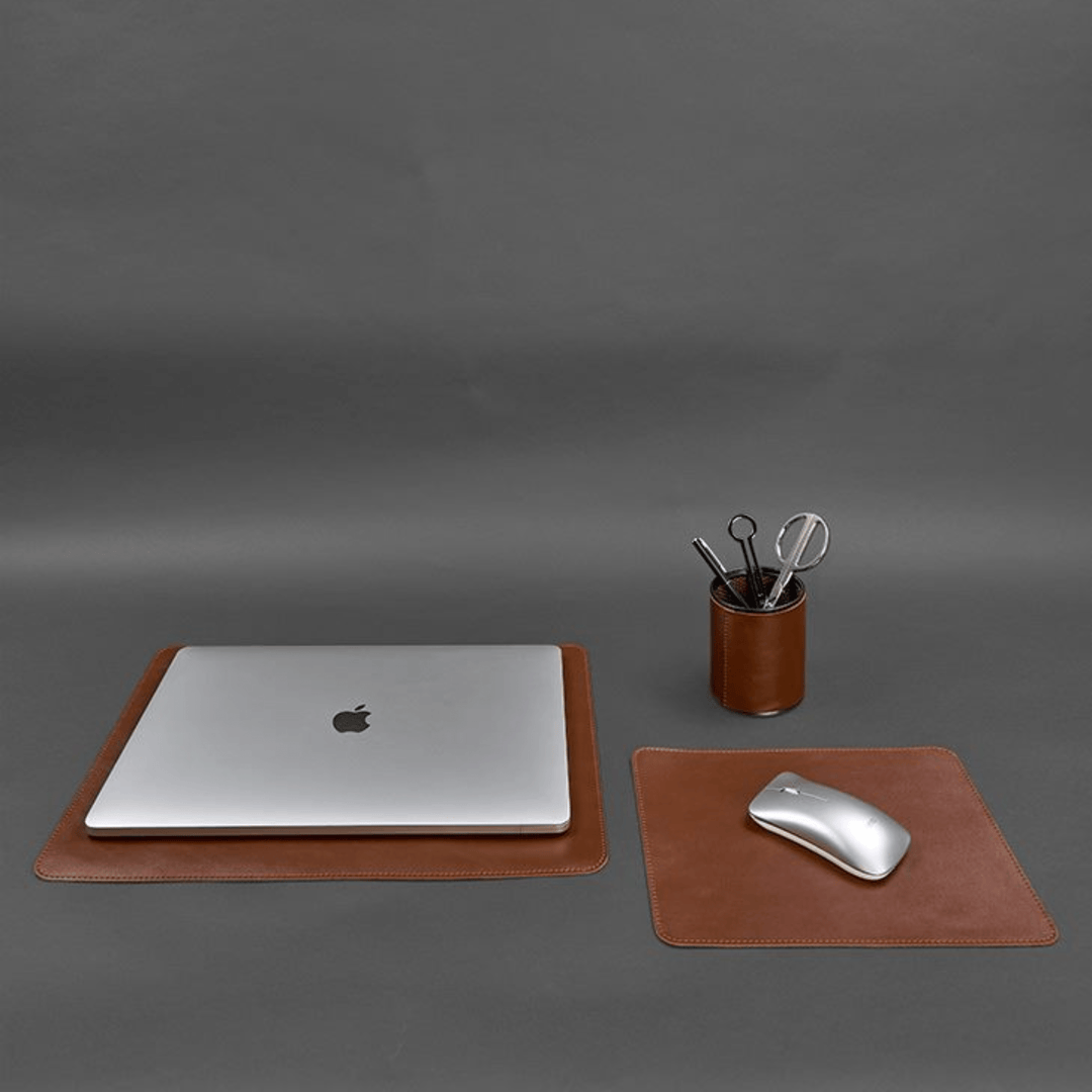 Personalized Leather Desk Set - Laptop Mat, Mouse Pad, and Pen Cup - Leather Purse Backpack
