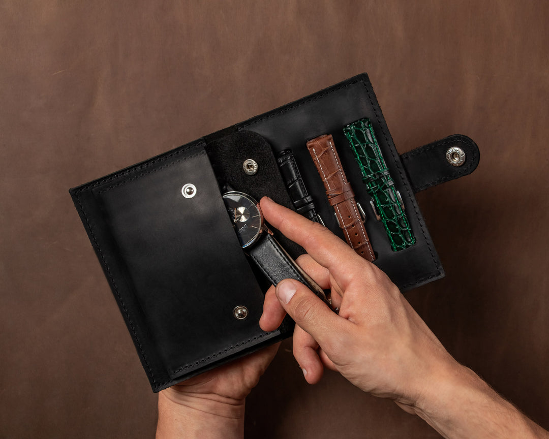 pocket watch with leather case