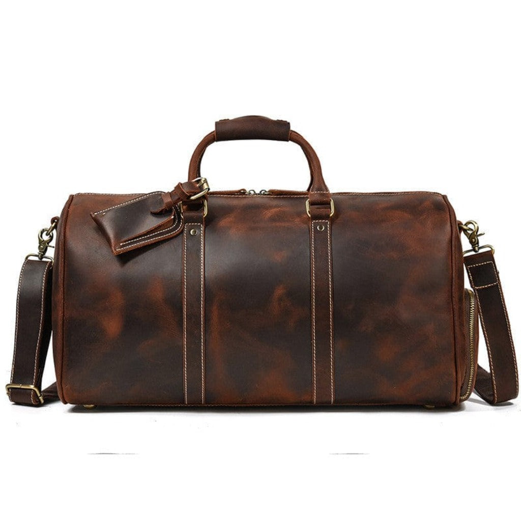 Chic and stylish brown leather crossbody travel duffle