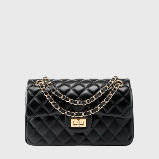Stylish classic quilted black leather shoulder bag with chain