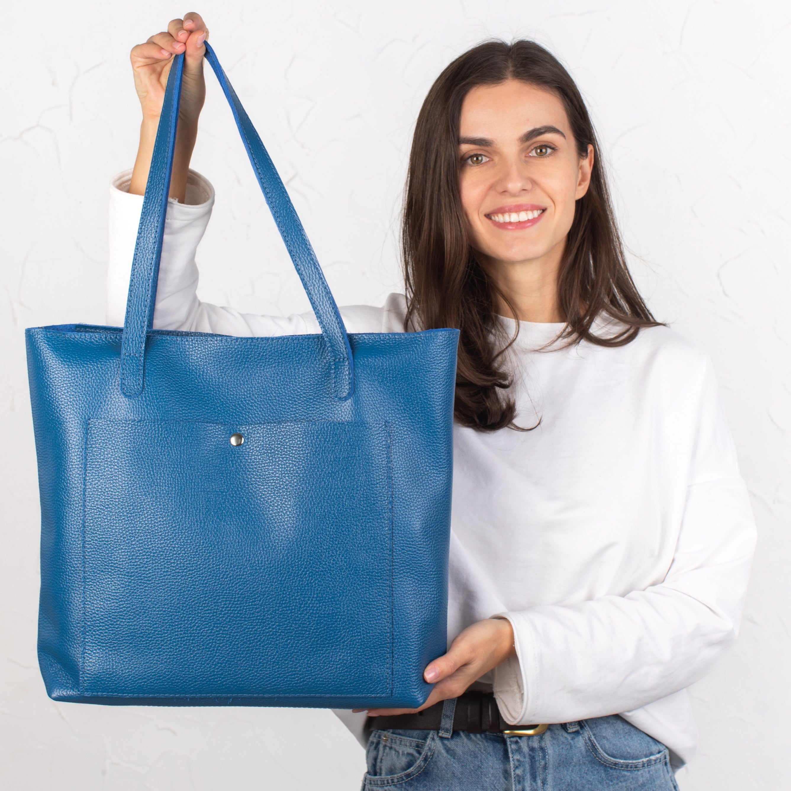 Blue pebbled leather tote bag with Button - Leather Purse Backpack