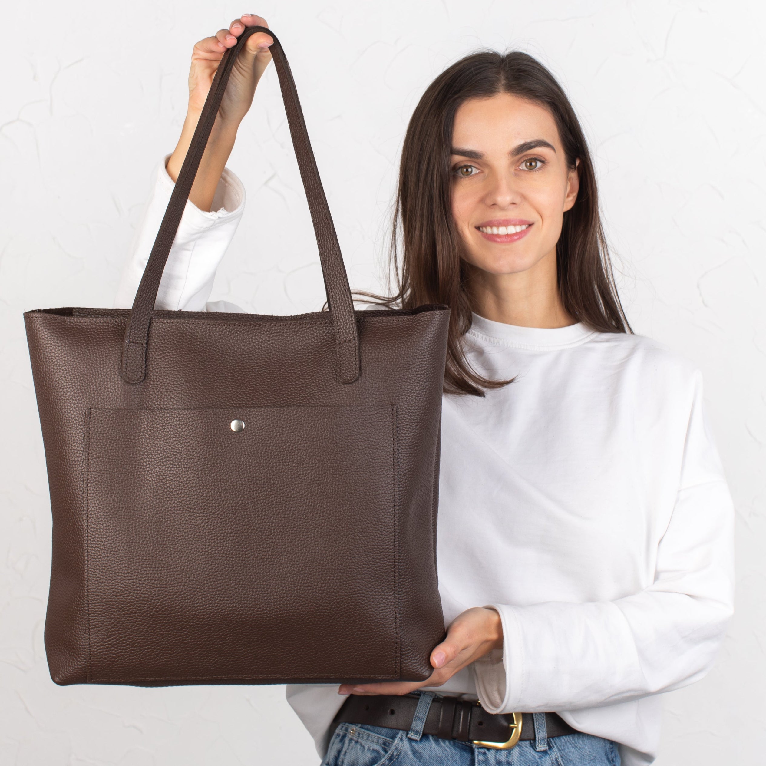 Dark Brown pebbled leather tote bag with Button - Leather Purse Backpack