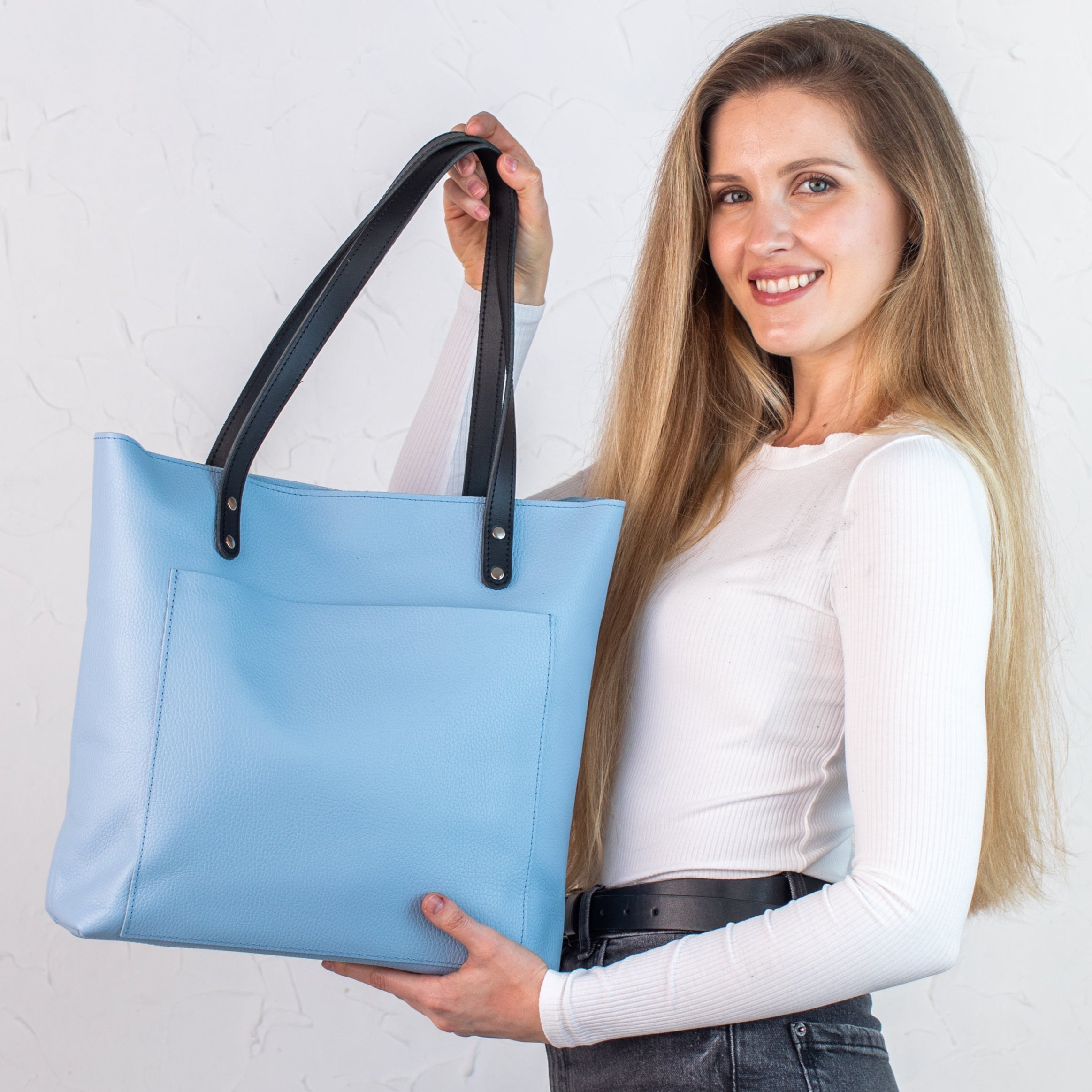 Blue pebbled leather tote bag - Leather Purse Backpack