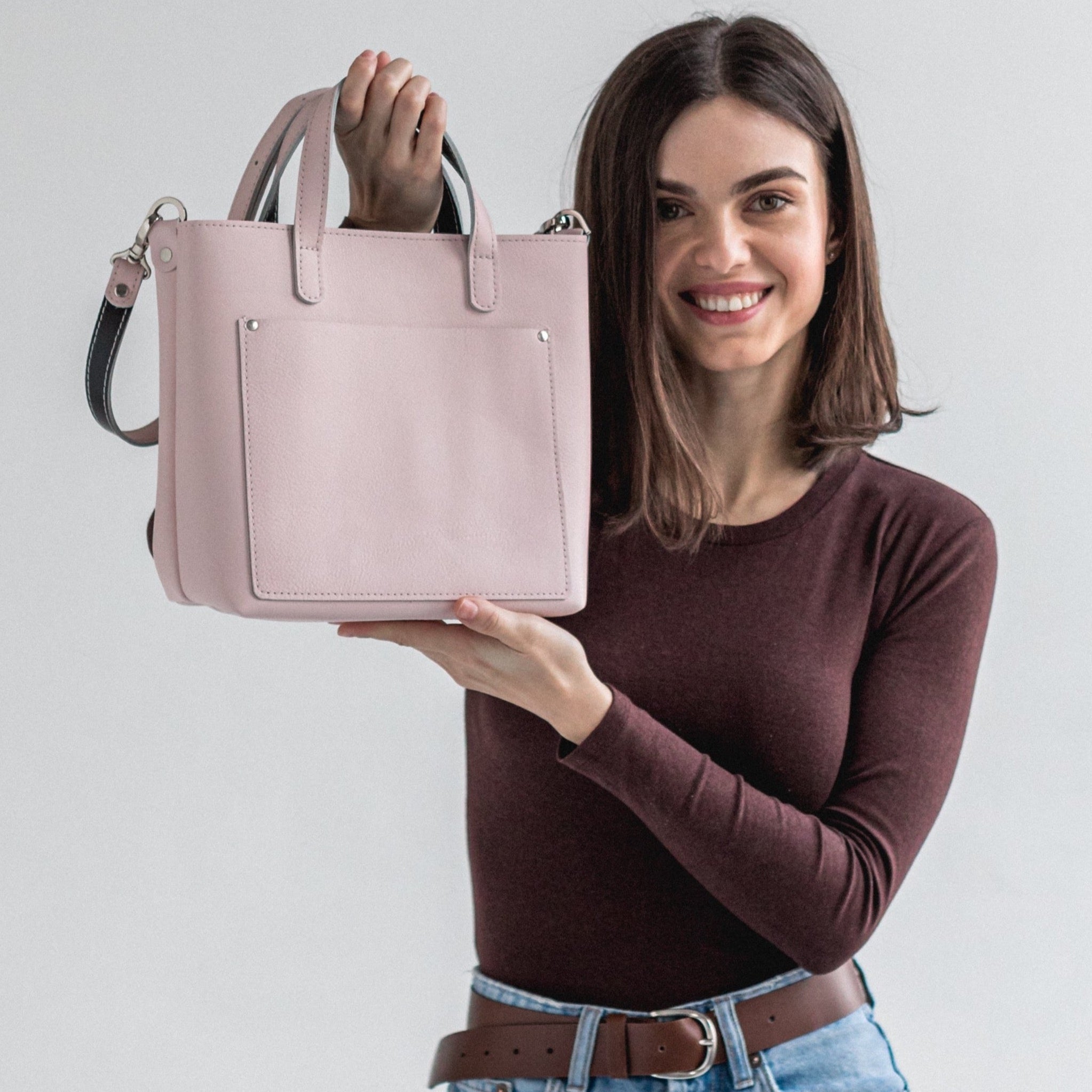 Rose/Black double face leather mini tote bag - Leather Purse Backpack