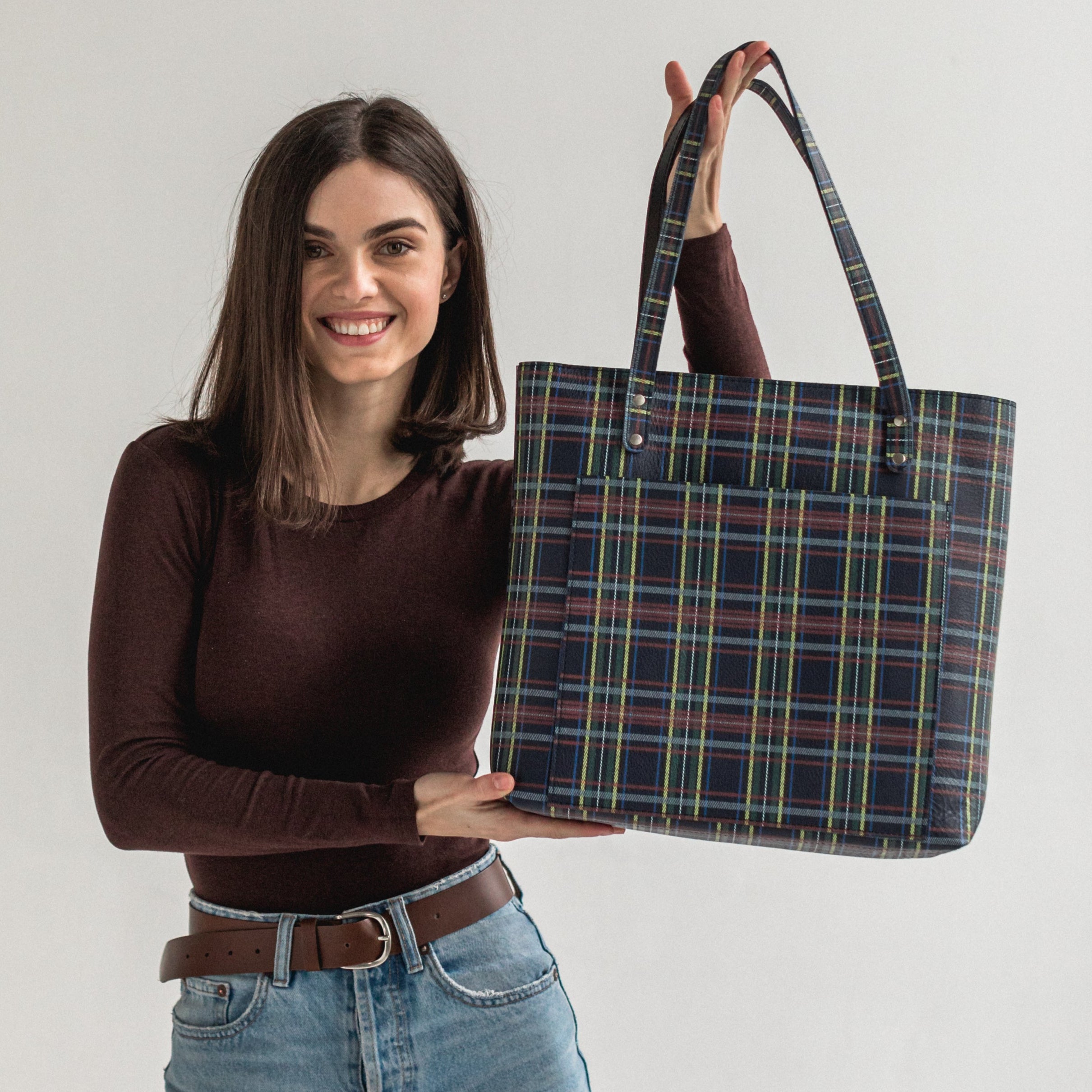Plaid leather tote bag - Leather Purse Backpack