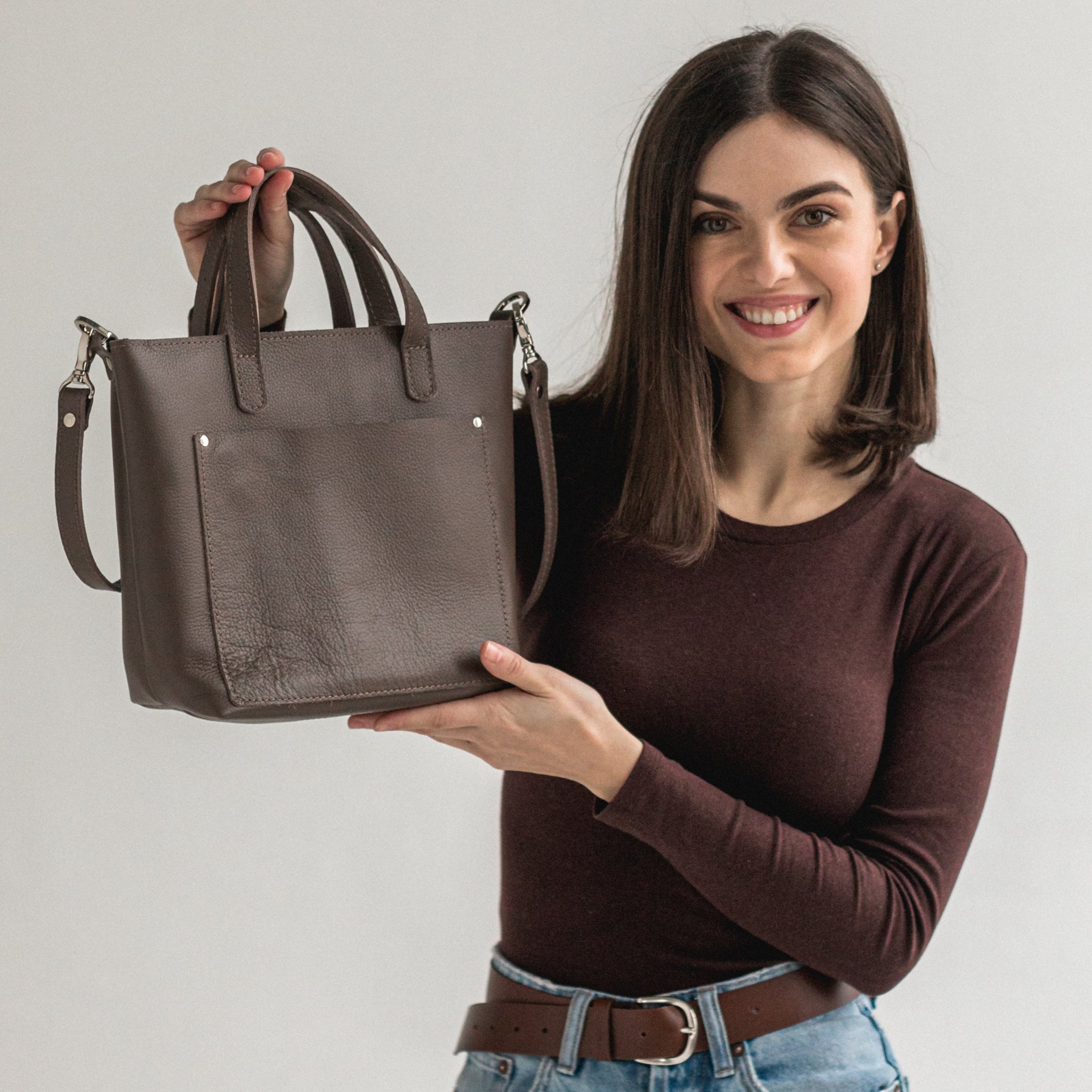 Latte double face leather mini tote bag - Leather Purse Backpack