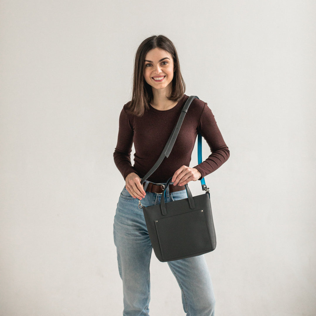 Gray/Blue double face leather mini tote bag - Leather Purse Backpack