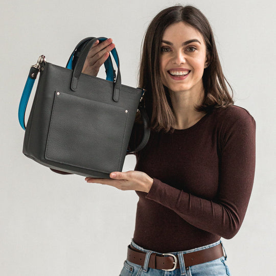 Gray/Blue double face leather mini tote bag - Leather Purse Backpack