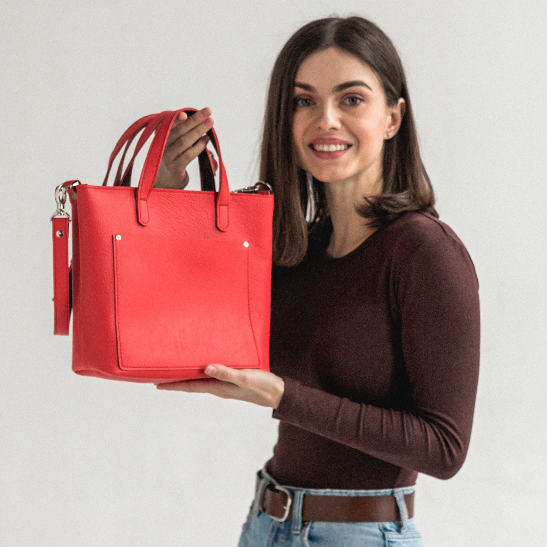 Red/Black double face leather mini tote bag - Leather Purse Backpack