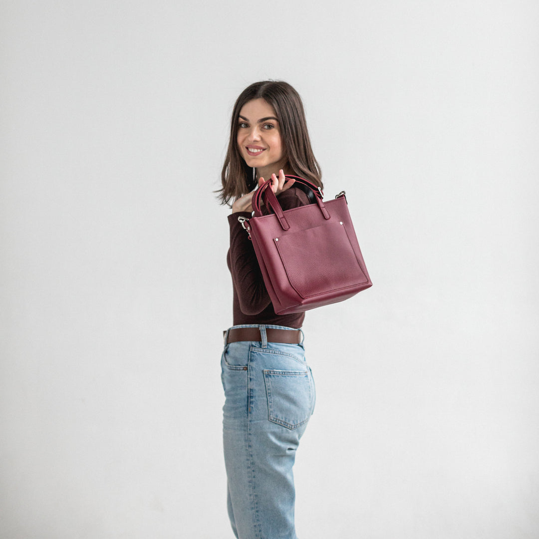 Burgundy double face leather mini tote bag - Leather Purse Backpack