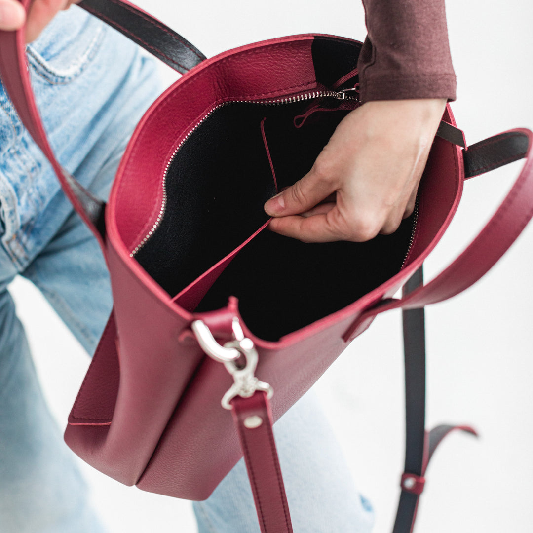 Burgundy double face leather mini tote bag - Leather Purse Backpack