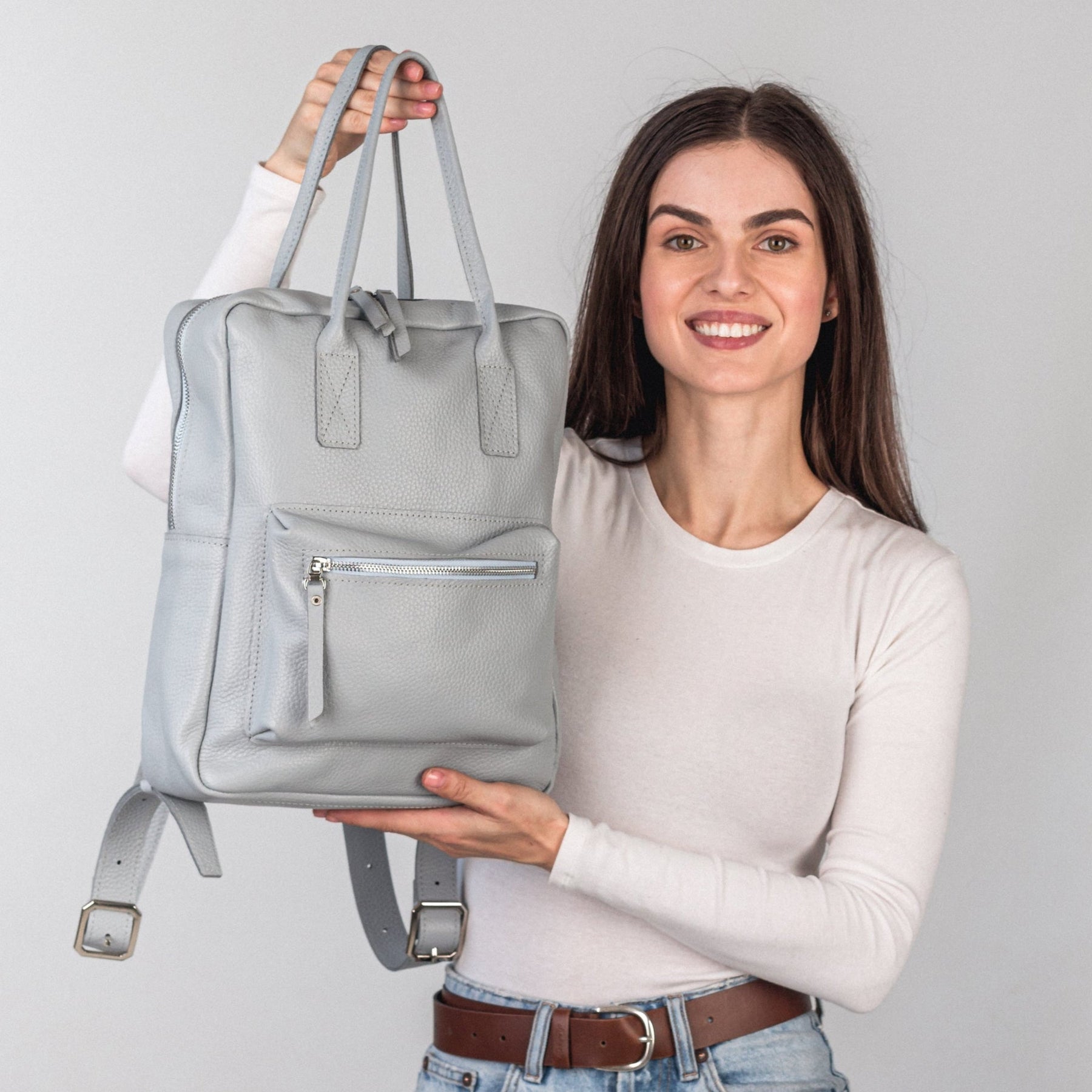 city beach leather backpacks Light Gray pebbled leather city backpack Gold
