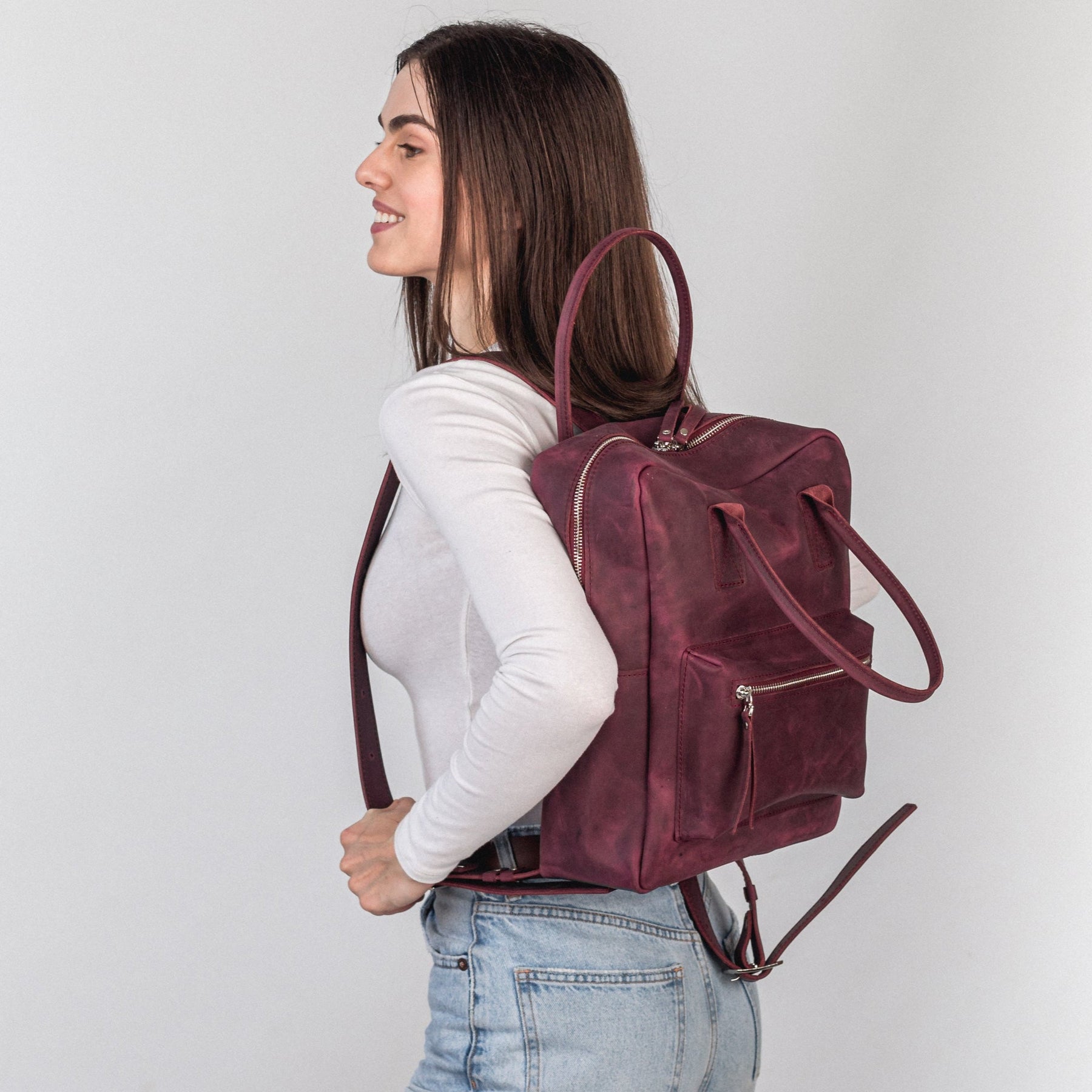 jigsaw mini stevie velvet backpack Burgundy leather city backpack