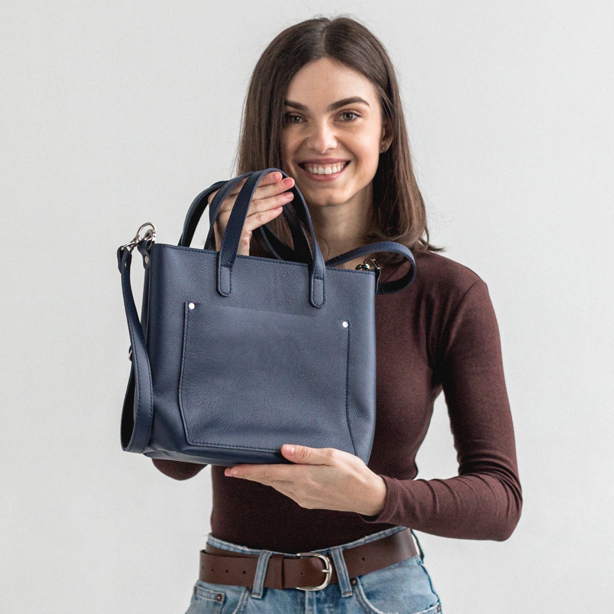 Navy Blue double face leather mini tote bag - Leather Purse Backpack