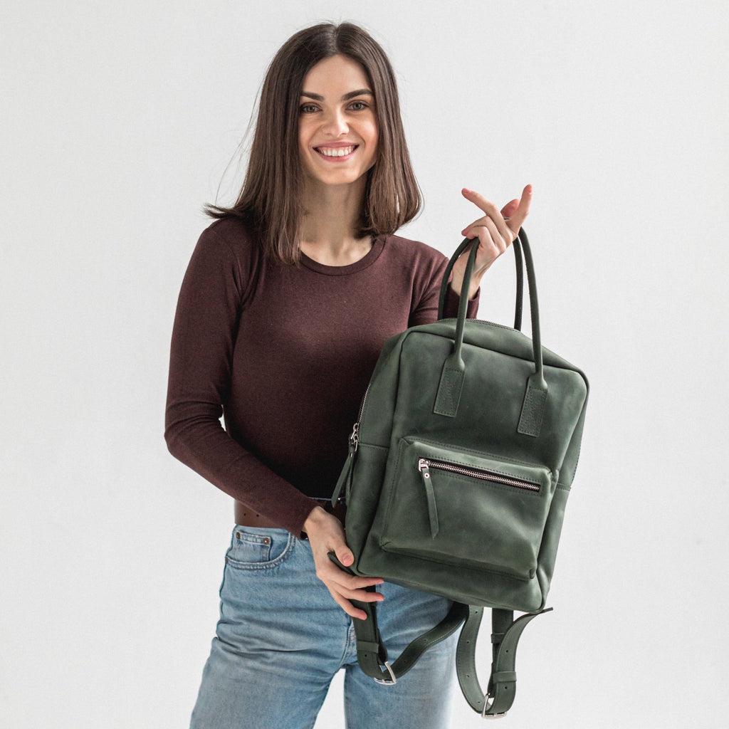 Green leather city backpack Silver