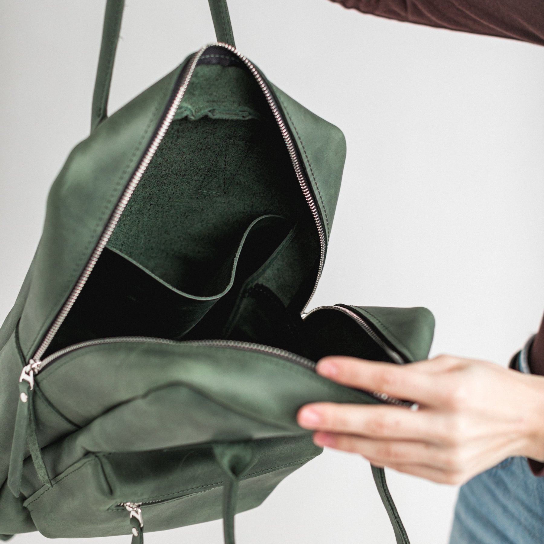Green leather city backpack Silver