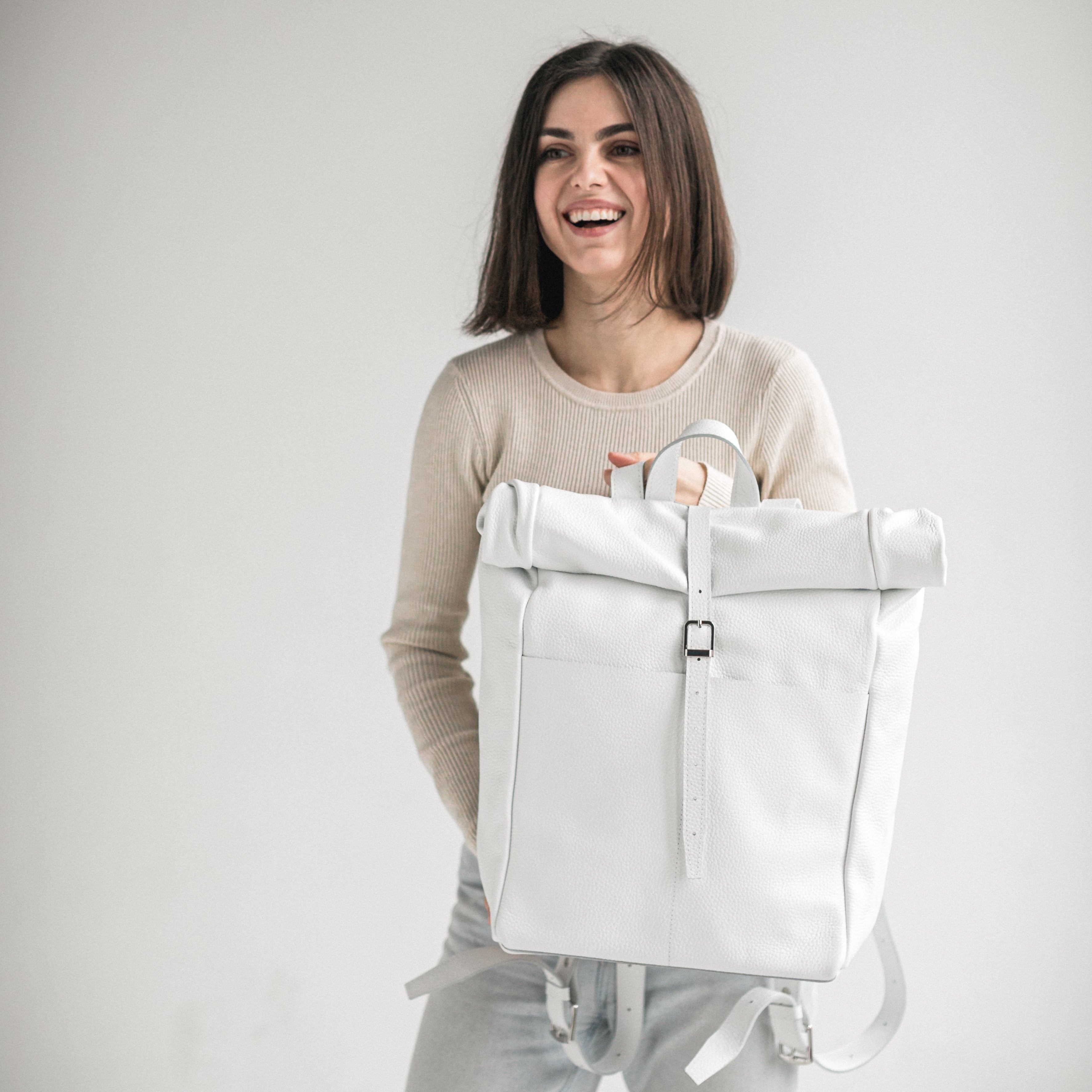 White pebbled leather roll-top backpack | Leather Purse Backpack