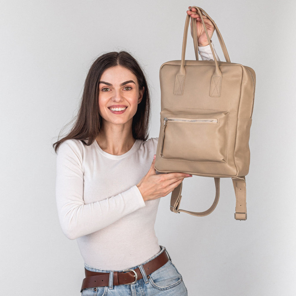 Beige pebbled leather city backpack
