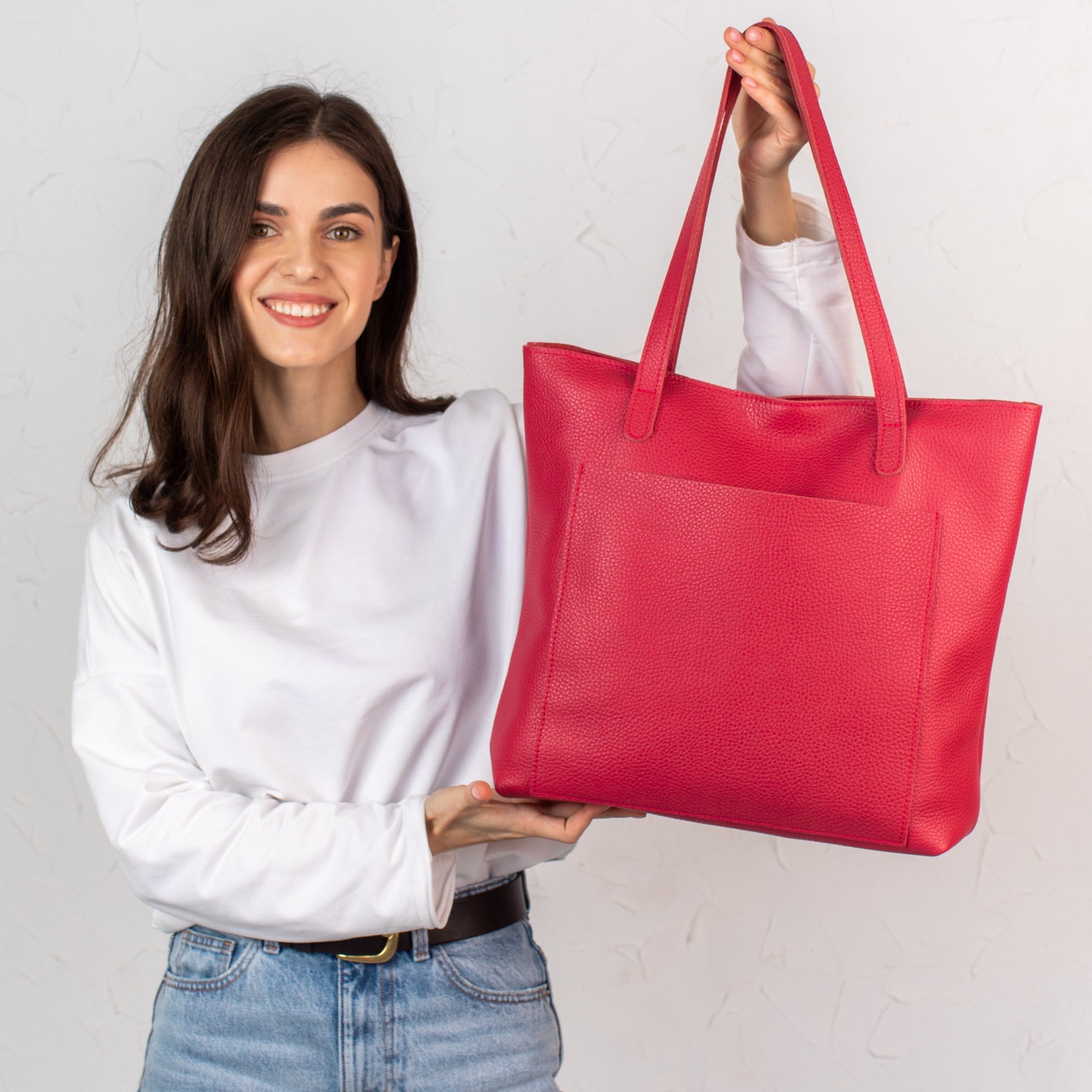 Candy Red pebbled leather tote bag - Leather Purse Backpack