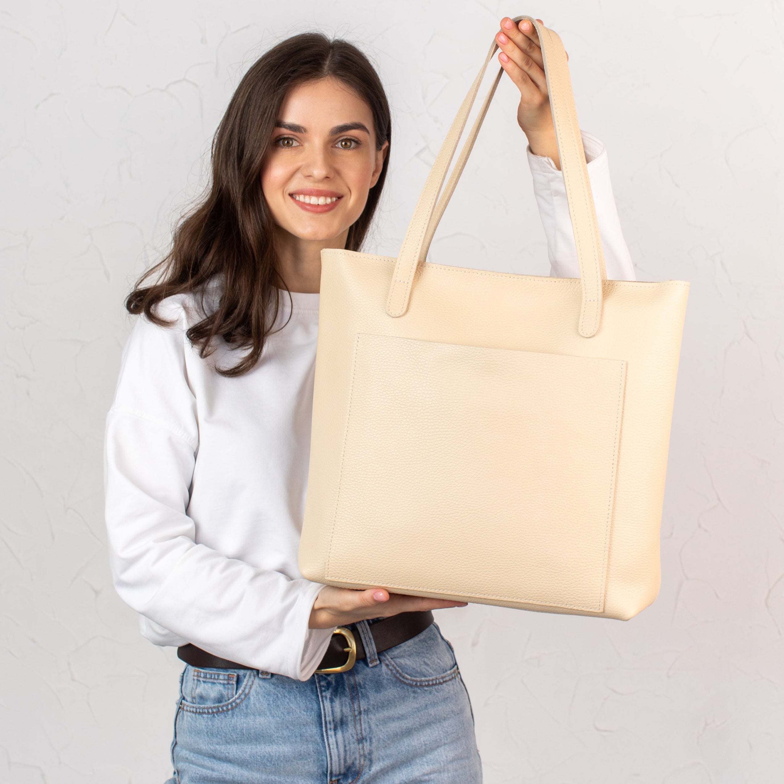 Cream pebbled leather tote bag - Leather Purse Backpack
