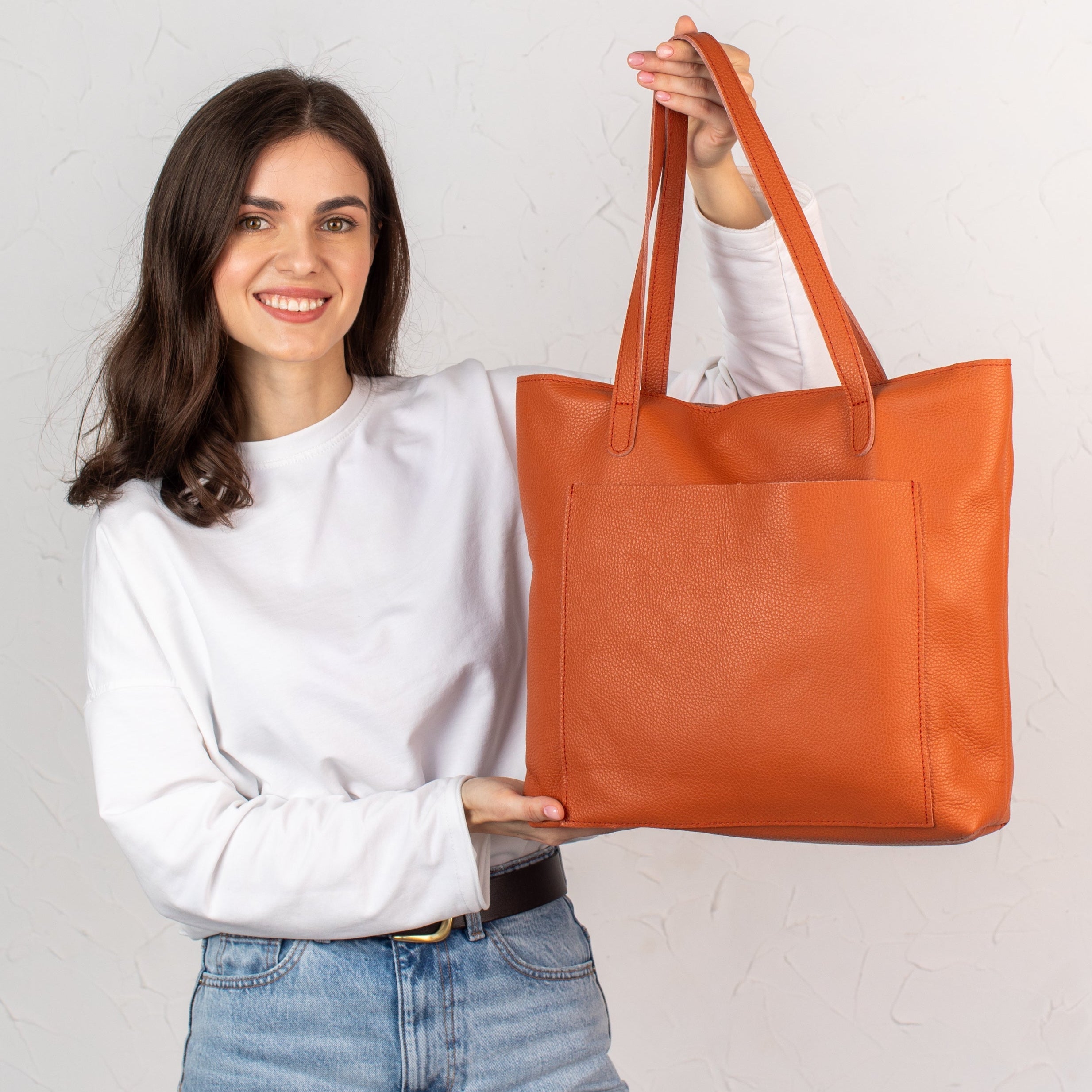 Orange pebbled leather tote bag - Leather Purse Backpack