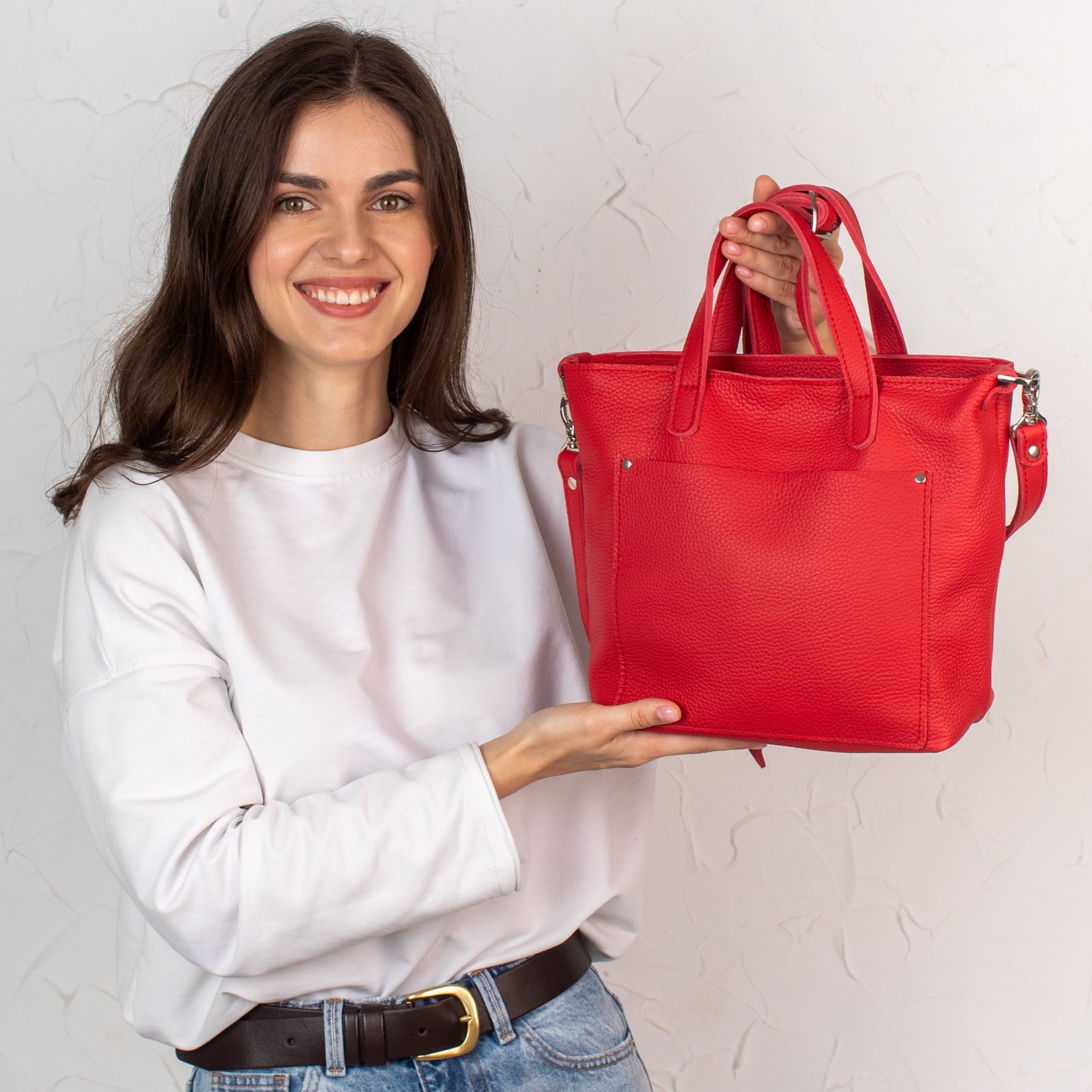 Red pebbled leather - Leather Purse Backpack