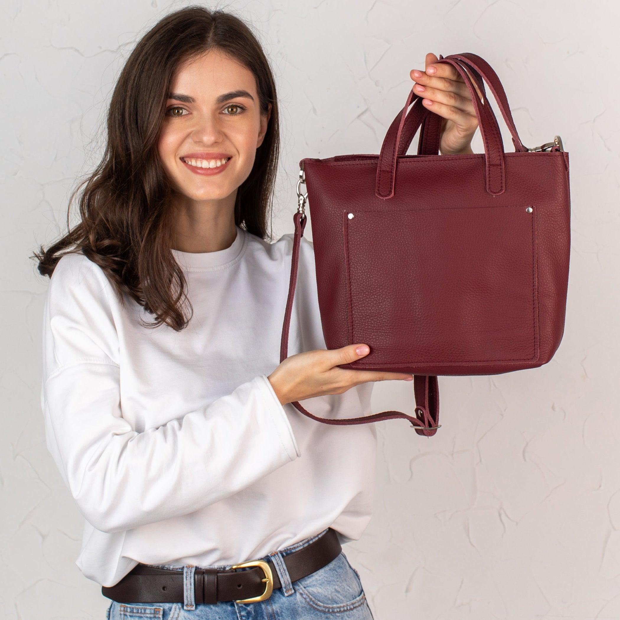 Burgundy pebbled - Leather Purse Backpack