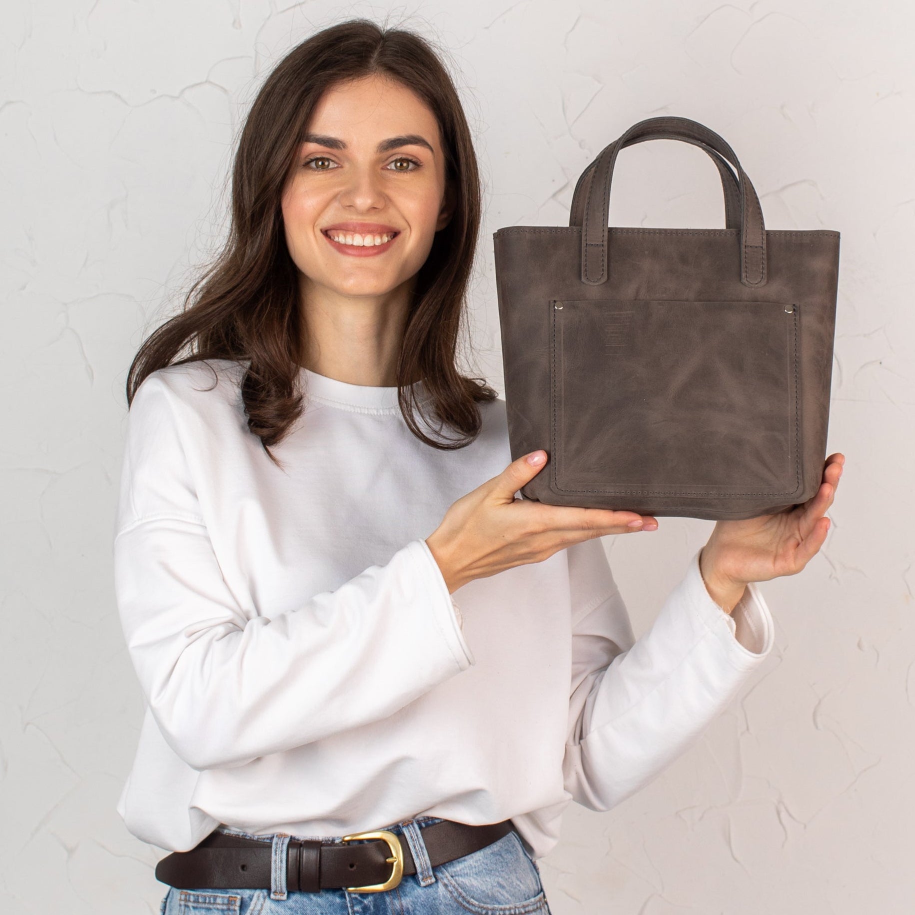 Gray smooth - Leather Purse Backpack