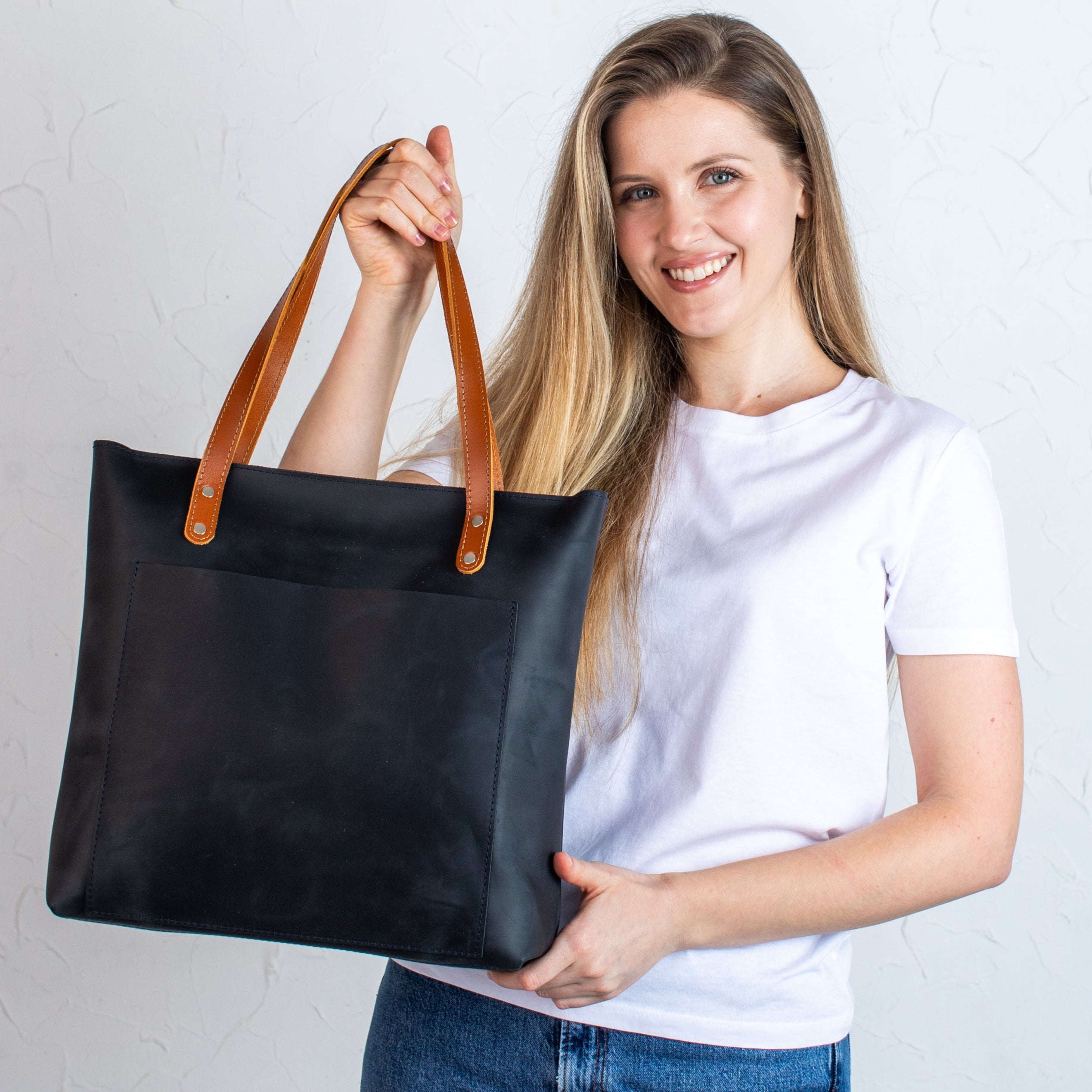 Black Smooth Pebbled Leather Tote Bag - Leather Purse Backpack