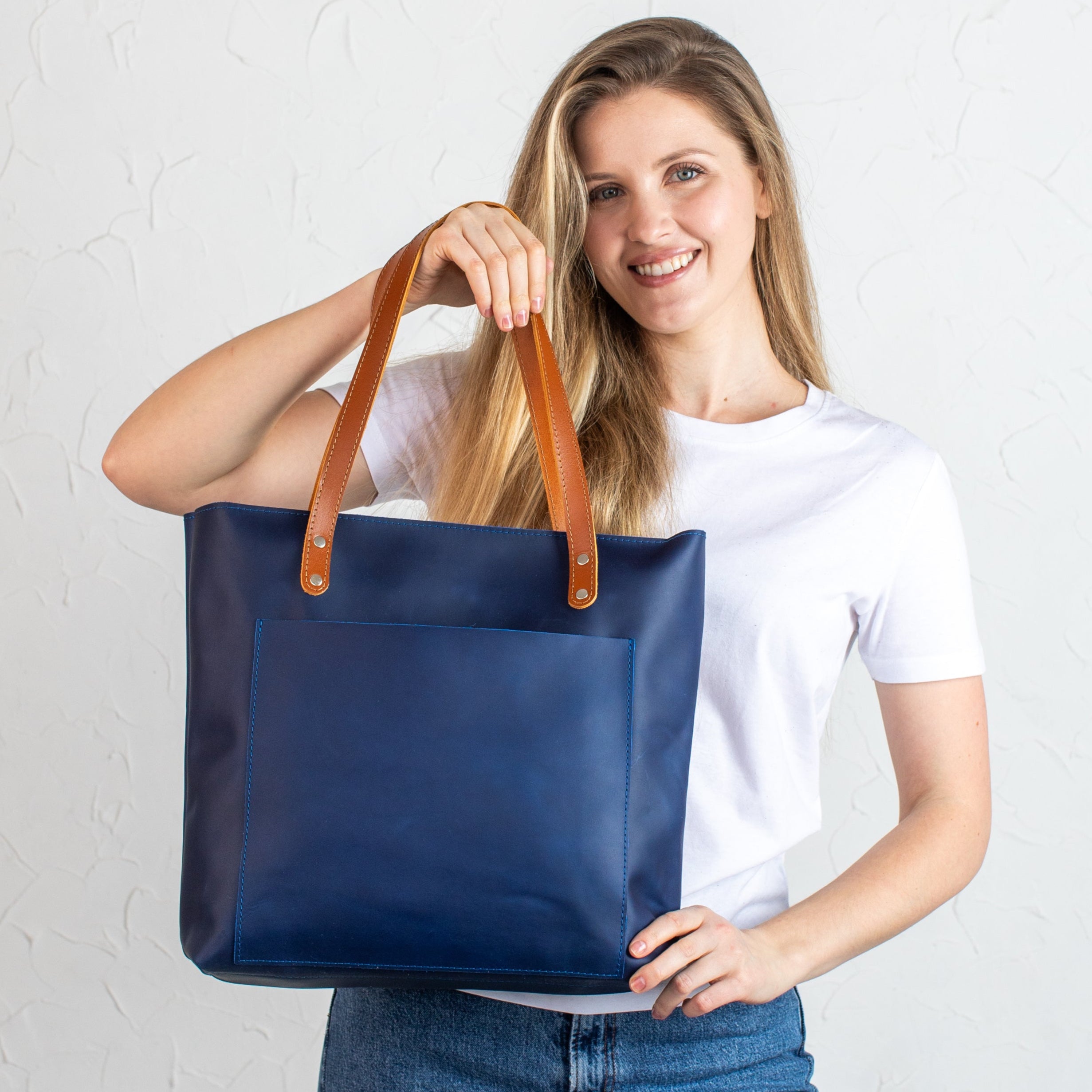 Blue Smooth Pebbled Leather Tote Bag - Leather Purse Backpack