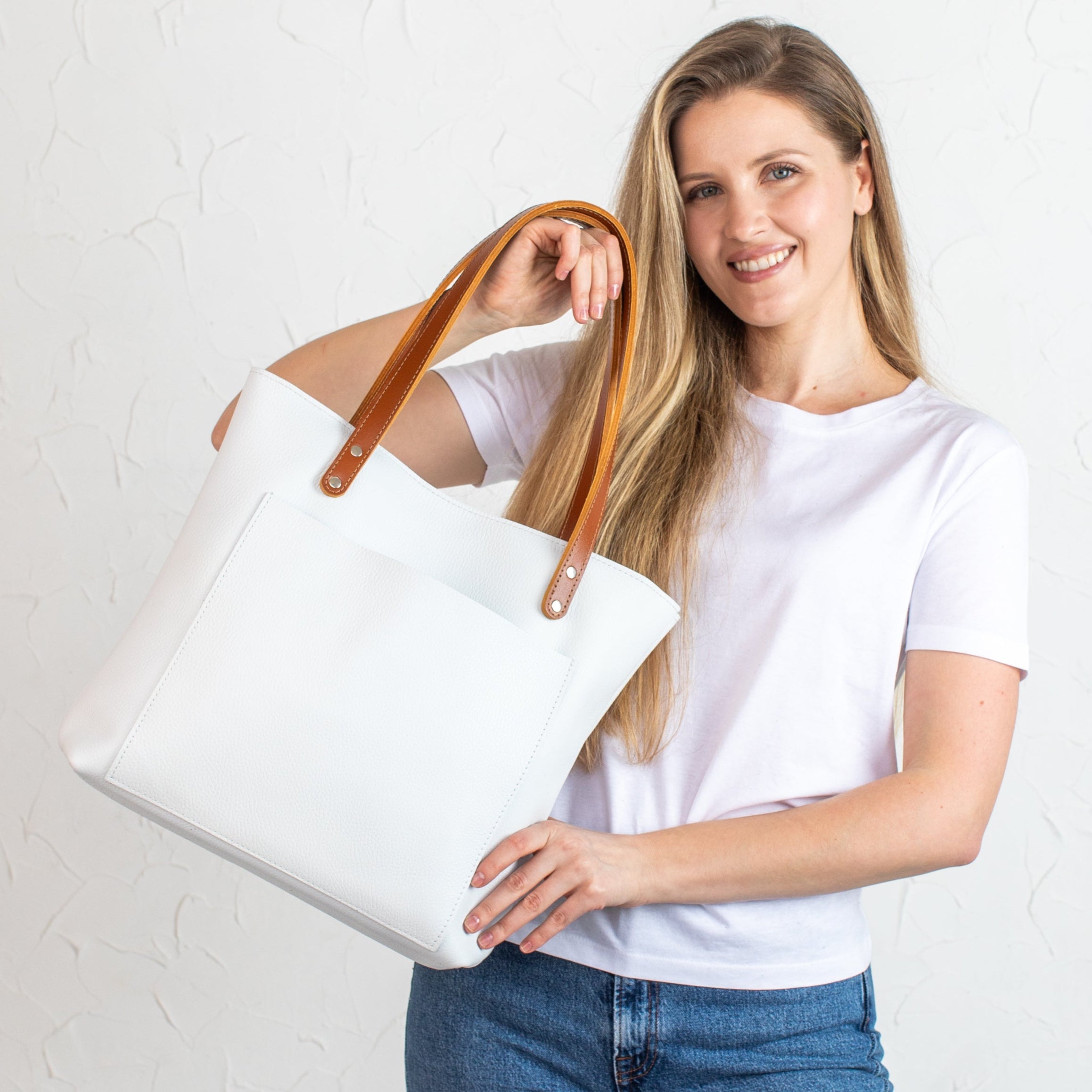 White Pebbled Leather Tote Bag - Leather Purse Backpack