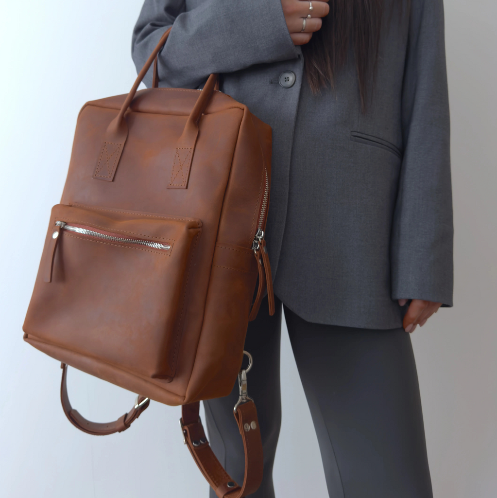 brown leather laptop backpack for women Cognac Leather City Backpack Brown
