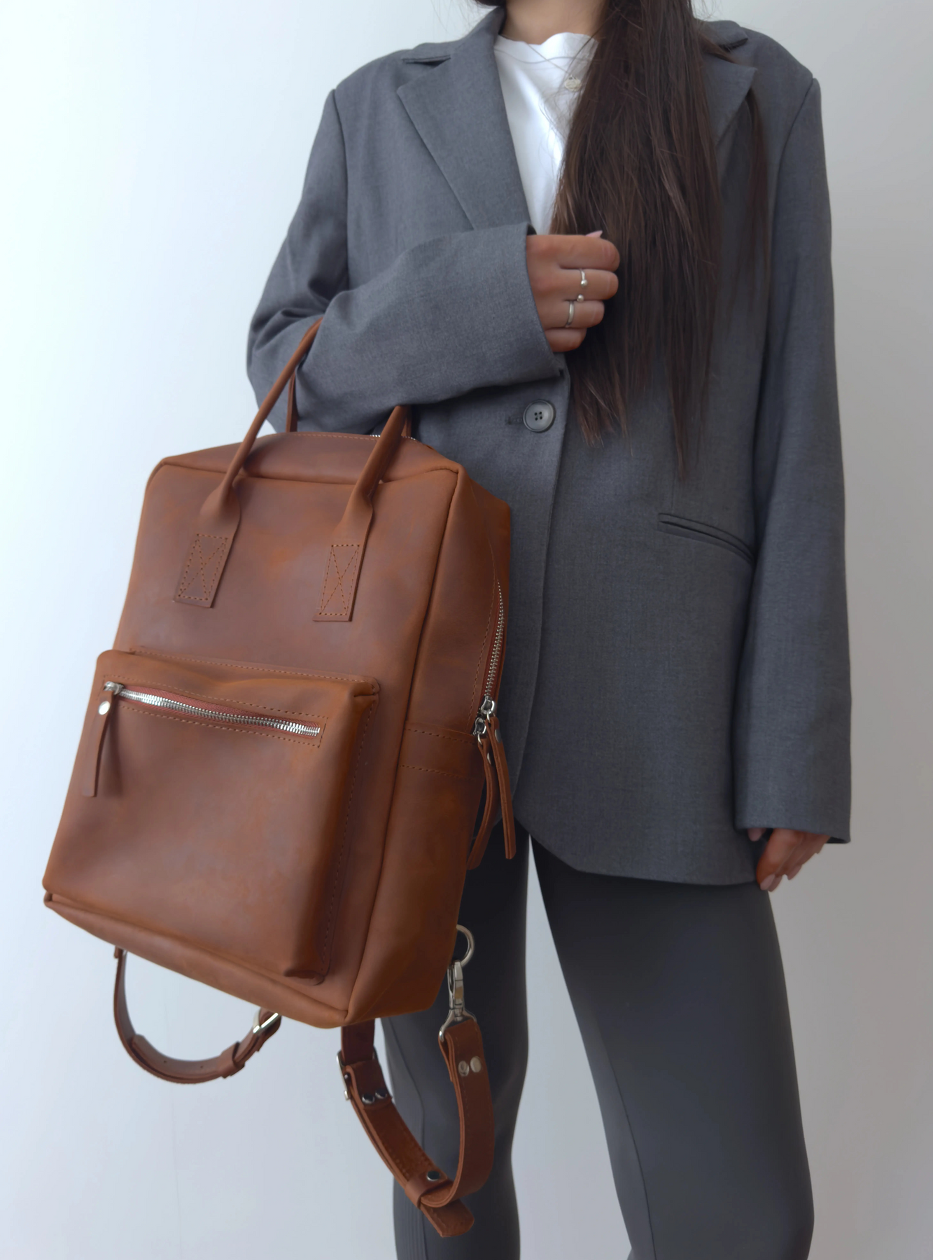 city backpack in matte leather Cognac leather city backpack Gold
