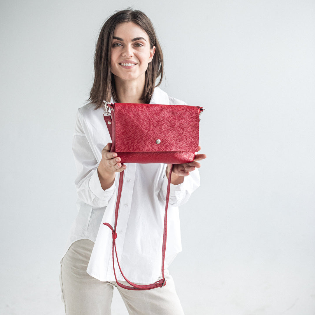 Red pebbled leather crossbody bag - Leather Purse Backpack