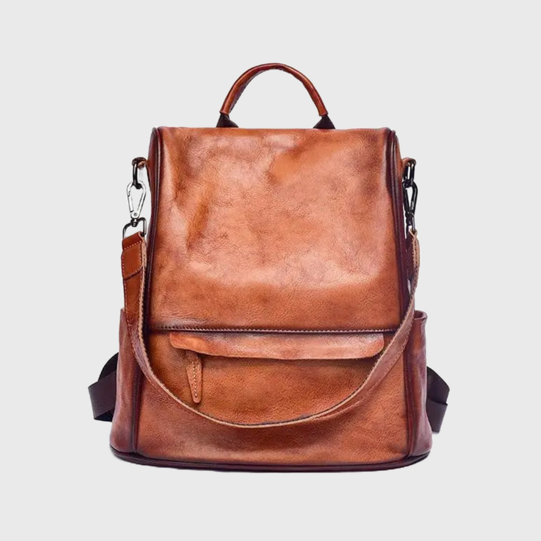 Brown leather school bag with compartments