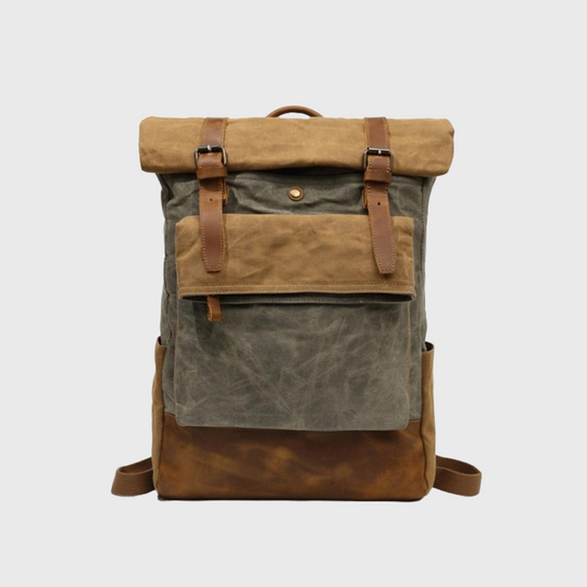 Brown and green canvas waxed leather 20-liter backpack