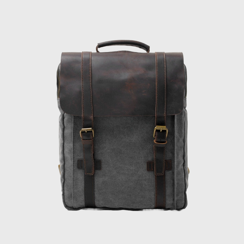 2 Straps Genuine Leather and Canvas Backpack in 4 Colors
