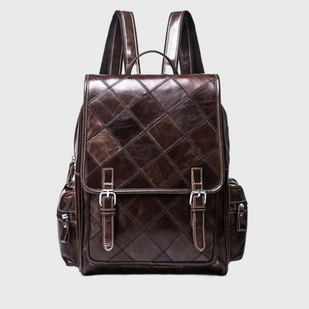 Genuine leather school bag with brown plaid design